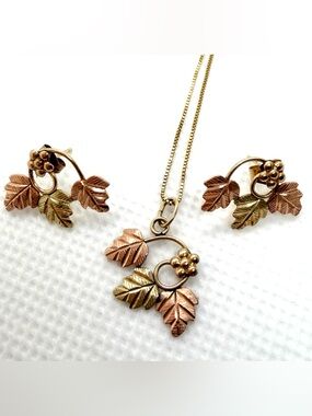 Coleman Co. Black Hills Gold Leaf and Berry Pendant Necklace and Earring Set